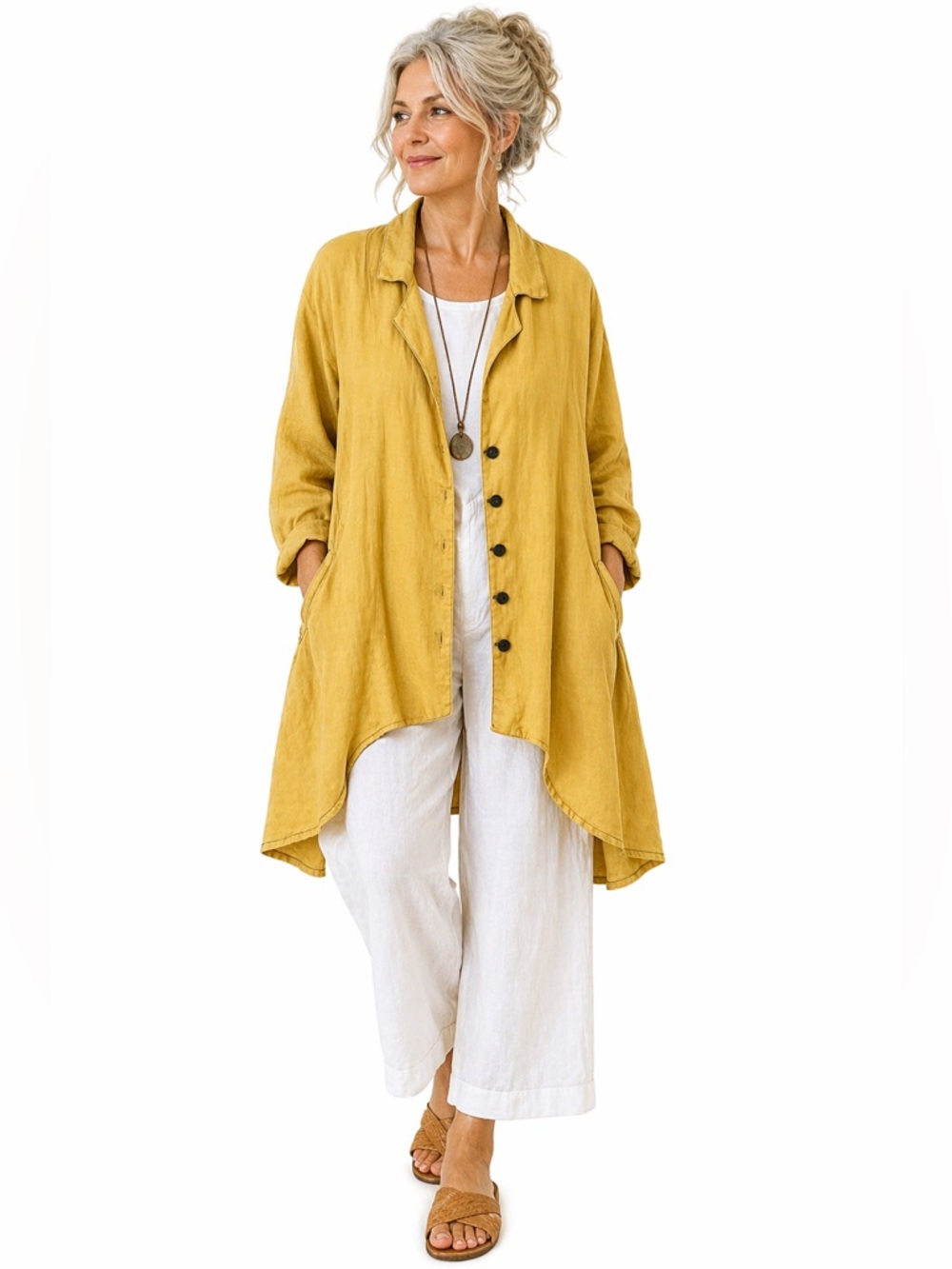 CYNTHIA ASHBY Linen Tunic Jacket Golden Yellow Lagenlook Artsy Oversized Small